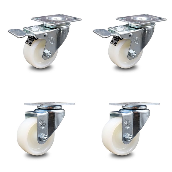 3 Inch Nylon Wheel Swivel Top Plate Caster Total Lock Brakes SCC, 2PK